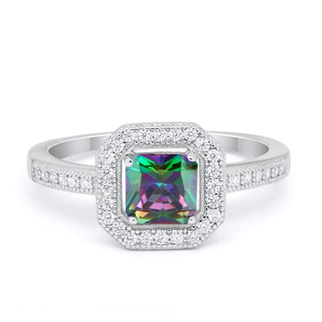 Halo Accent Engagement Ring Simulated Rainbow CZ 925 Sterling Silver